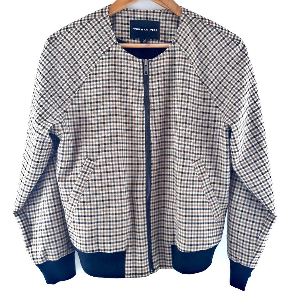 WHO WHAT WEAR Light Weight Plaid Bomber Jacket